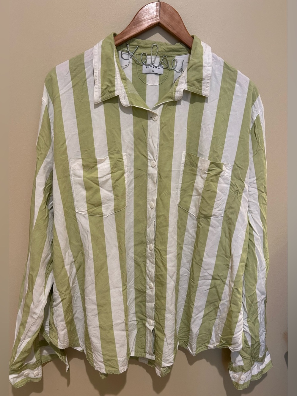 Piyama Green & White Striped Button-Down Pajama Set 100% Rayon Size XL